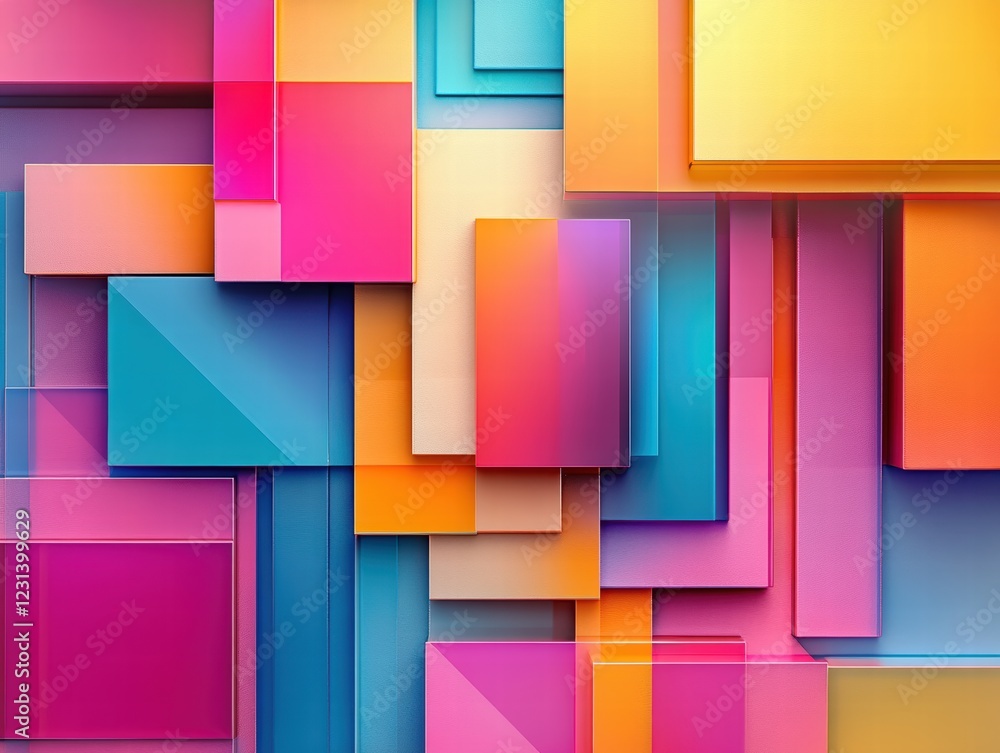 Poster a 3d abstract art piece with geometric shapes and vibrant color gradients, creating a dynamic, futur
