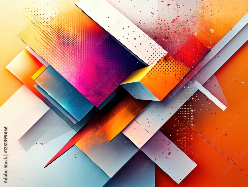 Poster a 3d abstract art piece with geometric shapes and vibrant color gradients, creating a dynamic, futur