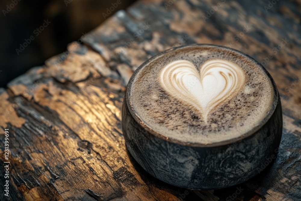 Poster close-up of a latte with heart-shaped latte art in a rustic bowl on a wooden table.
