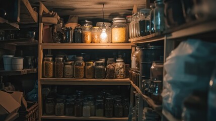 Naklejka premium Dimly lit cellar stocked with numerous glass jars containing preserved food items on wooden shelves.