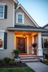 Fototapeta premium Luxury House Exterior at Dusk: Elegant Brick Steps and Landscaping