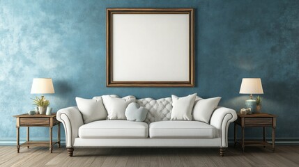 A mock-up of an empty poster frame on a blue wall in a modern living room, with a sofa, end tables, and lamps, creating a minimalist home atmosphere