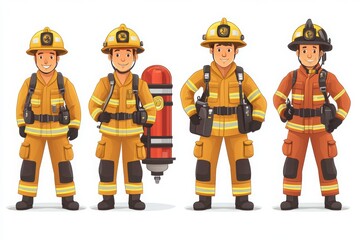 Four cartoon firefighters in various poses, wearing protective gear and helmets, showcasing teamwork and readiness for action.