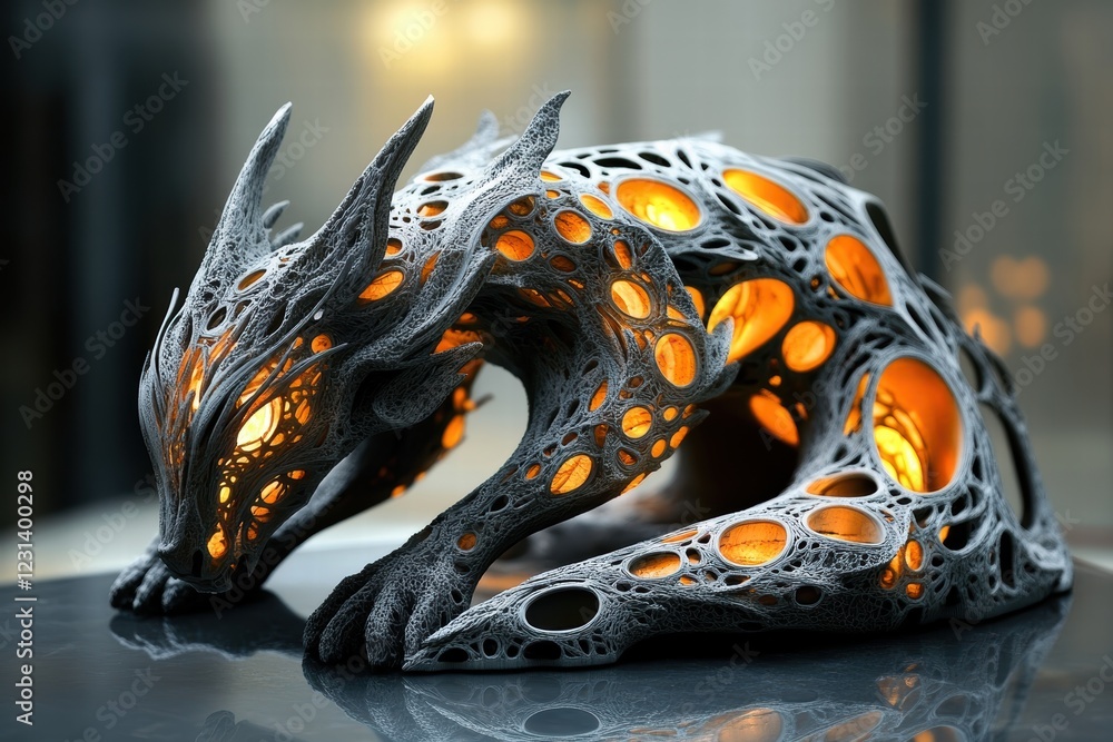 Poster a 3d sculpture of a mythical creature, with intricate details in its texture and glowing elements on