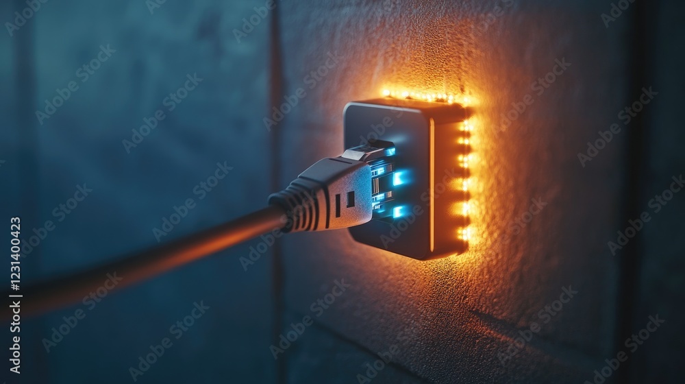 Poster A network cable plugged into a firewall, showing blinking LEDs that represent secure, encrypted data transmission technology for internet security
