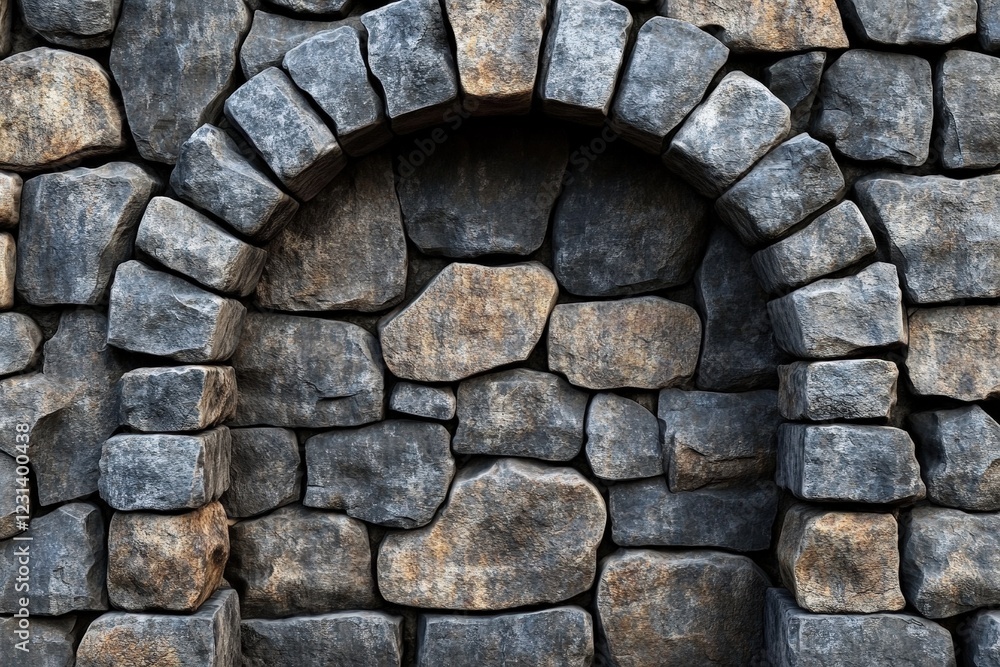 Poster stone wall featuring a round window with a rustic and weathered appearance in an outdoor setting