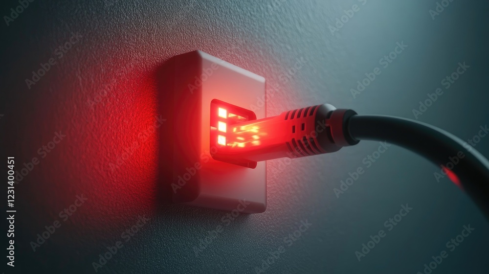 Fototapete A network cable plugged into a firewall, showing blinking LEDs that represent secure, encrypted data transmission technology for internet security