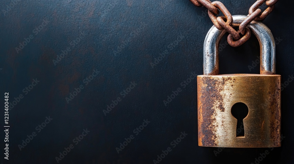 Poster a padlock and rusted chain on a dark black background, evoking themes of protection, security system