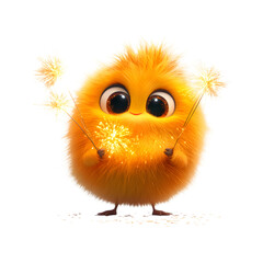 Fluffy 3D Cartoon Character Holding Firework with Sparkling Beak Isolated on Transparent Background