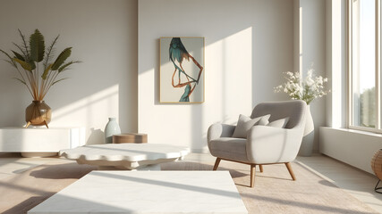 Modern light living room interior mockup with white sofa and armchair, 3d rendering
