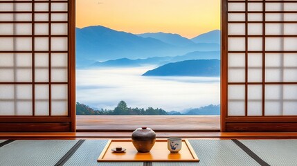 Serene sunrise tea ceremony, mountain view, Japanese room