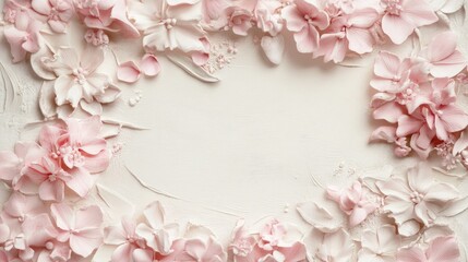A pastel pink floral frame with soft petals on a light background, offering space for adding text or photo with a calm, elegant vibe