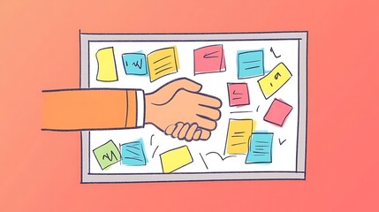 Hand reaches toward sticky notes on planning board