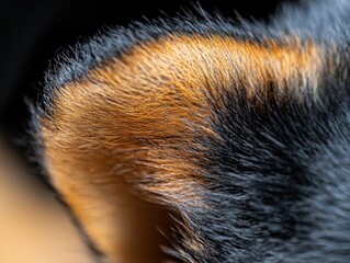 Close-up of a dog's ear, showing texture and color of its fur.
