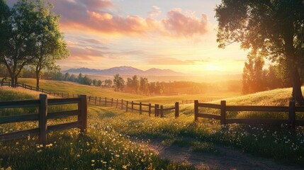 Obraz premium A peaceful sunrise over a fenced ranch, with warm golden light spilling over the landscape, capturing the tranquility of the countryside