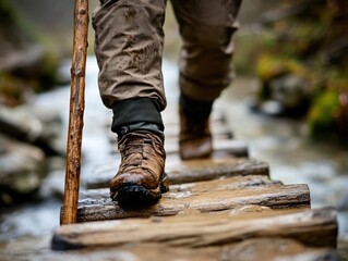Close-up of hiker's muddy boots crossing rustic wooden footbridge over stream.