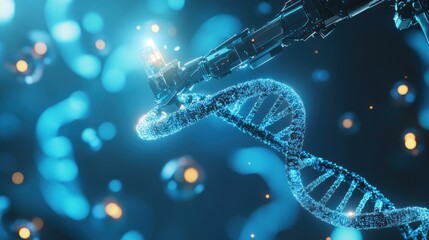 Robotic arm manipulating DNA strand in futuristic lab