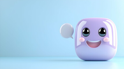 Fototapeta premium Happy purple cube emoji chatting, pastel background; social media
