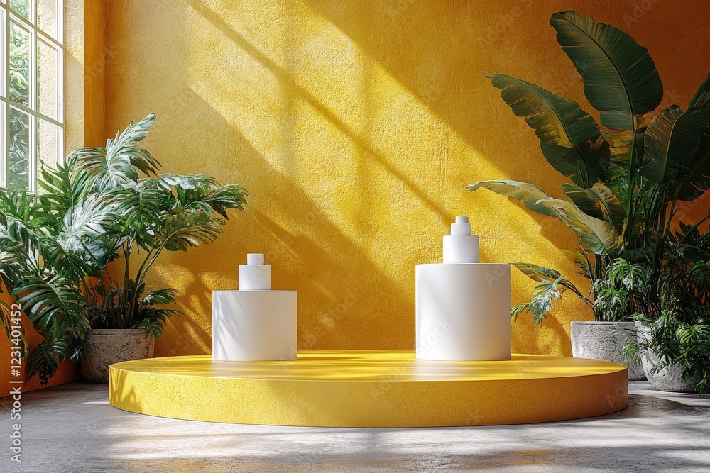 Poster yellow table with three decorative vases arranged on its surface in a modern setting