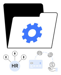 File folder with blue gear icon, HR network diagram with connecting lines and people icons, credit card, money exchange hand, and currency symbols. Ideal for business workflow, HR management