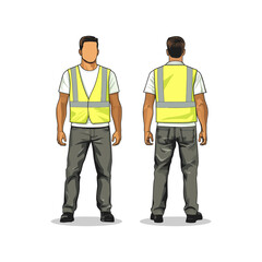 Vector illustration of a construction worker shown from both front and back views. Features a worker in a safety vest and boots. Ideal for labor, industrial, and engineering themes
