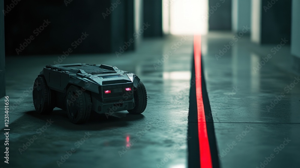 Poster futuristic robot vehicle on a red line in a dark corridor.