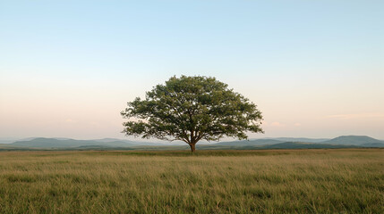 Obraz premium Solitary tree in field, sunset mountains background, nature serenity, wallpaper