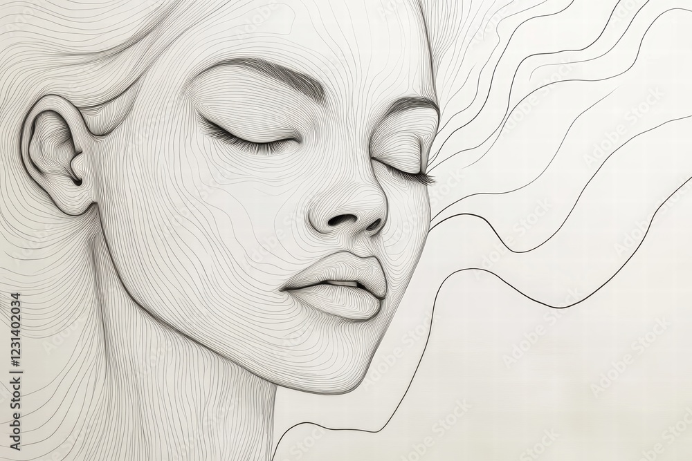 Poster a close-up of a continuous line drawing of a face, with smooth, fluid lines capturing the facial fea