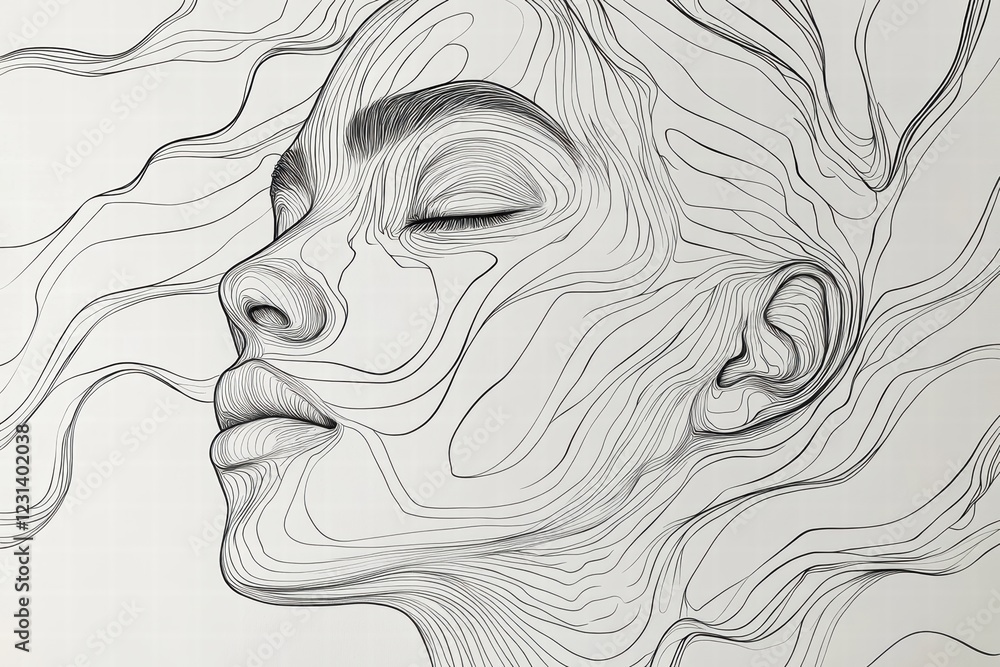 Poster a close-up of a continuous line drawing of a face, with smooth, fluid lines capturing the facial fea