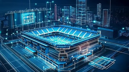 A futuristic stadium surrounded by a digital cityscape, showcasing advanced technology. - Powered by Adobe