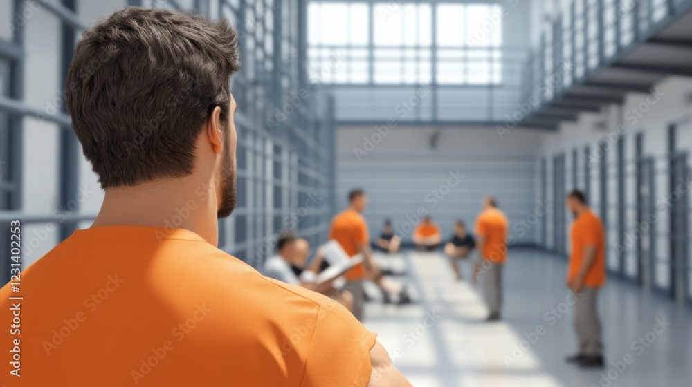 Poster a prisoner in a common area, talking to a guard while other inmates are engaged in activities like r