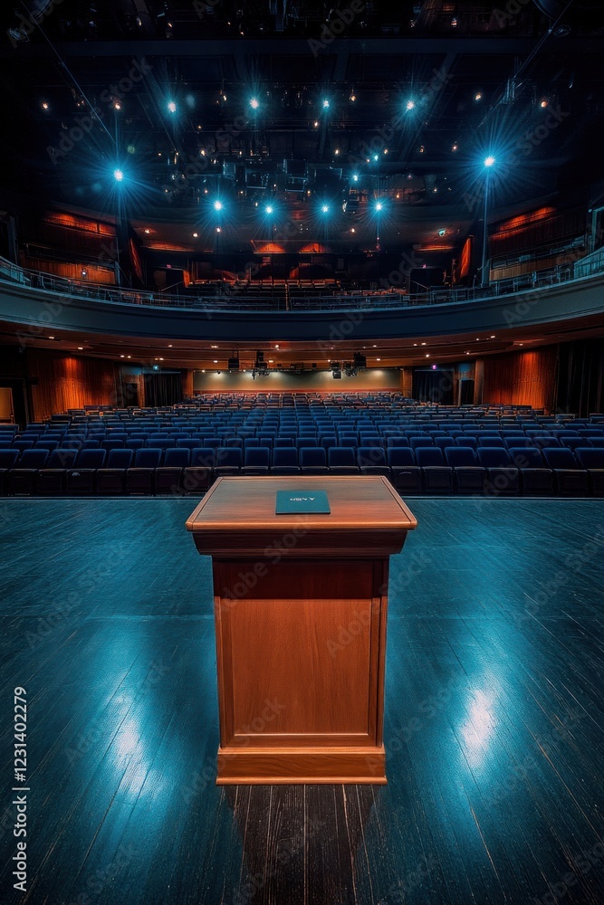 Poster empty stage with podium and rows of seats in a dark auditorium.