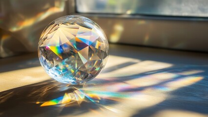 Crystal Sphere Casting Colorful Reflections on Surface