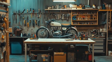 Classic motorcycle in a well-organized vintage workshop.