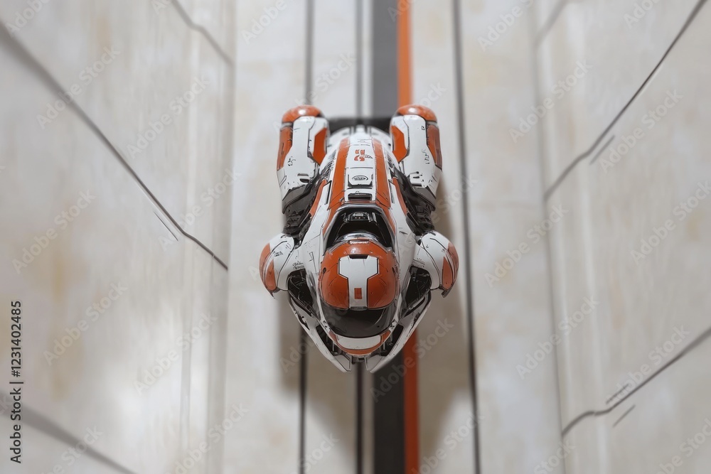 Poster Overhead view of a futuristic robot in a white corridor.