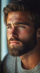 Obraz premium A close-up of a handsome man with a well-groomed beard, wearing casual attire and a relaxed expression, with soft lighting highlighting his features.
