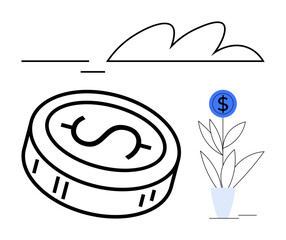 Coin with dollar sign and potted plant with money symbol blooming under a simple sky. Ideal for finance, investment, savings, economic growth, startups, wealth creation, fiscal planning. Line