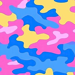 Colorful Abstract Camouflage Pattern: Vibrant Pink, Blue, and Yellow Seamless Texture for Fashion and Graphic Design