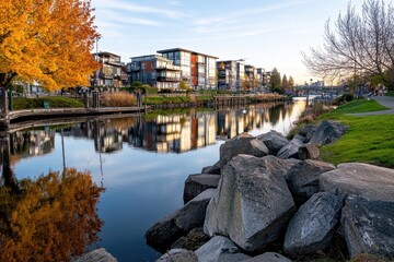 Fototapeta premium Tranquil Autumn Evening by the Water with Modern Buildings and Colorful Foliage Reflection
