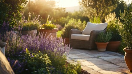 Fototapeta premium Serene sunset garden scene with lavender, patio furniture, and stone pathway.