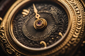 Fototapeta premium Close-up of an ornate antique pocket watch face, showcasing intricate detailing and a purple gemstone.