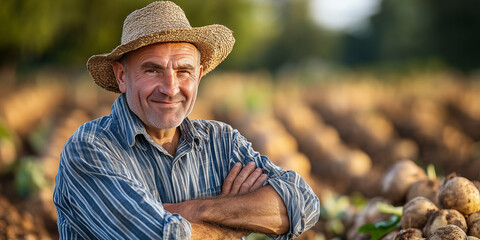Fototapeta premium Ein Bauer der die Ernte in der Hand hält. Ökologischer und nachhaltige Landwirtschaft mit biologischen Ertrag.