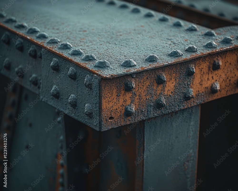 Poster close-up of rusty riveted metal structure, showing texture and age.