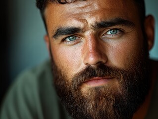 Obraz premium A close-up of a man with a thick beard, looking into the camera with a calm and thoughtful expression, in natural light with a soft blurred background.