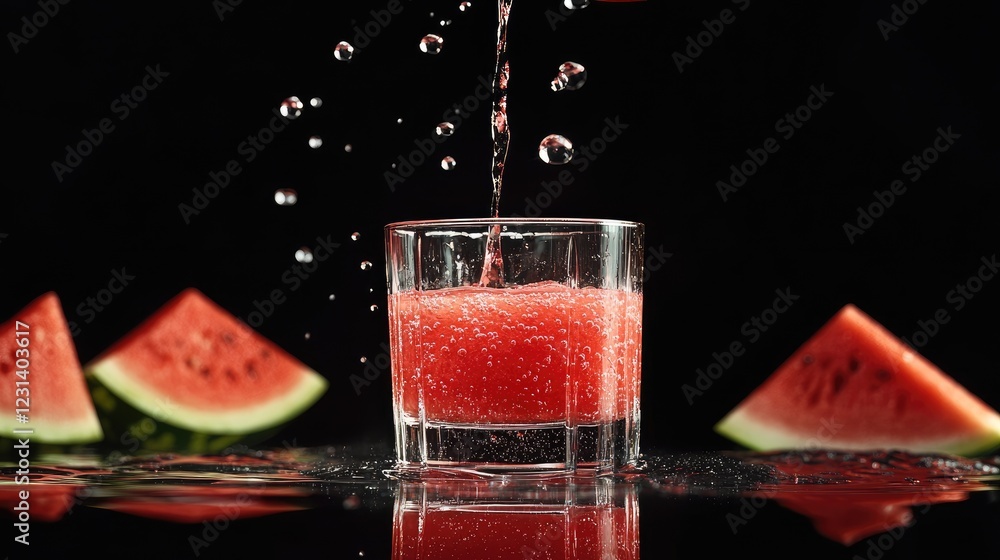 Poster a refreshing scene of watermelon juice being poured into a clear glass, set against a contrasting bl
