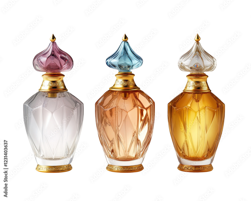 Poster elegant set of luxury perfume bottles with gold detailing, featuring unique shapes and colors. perfe