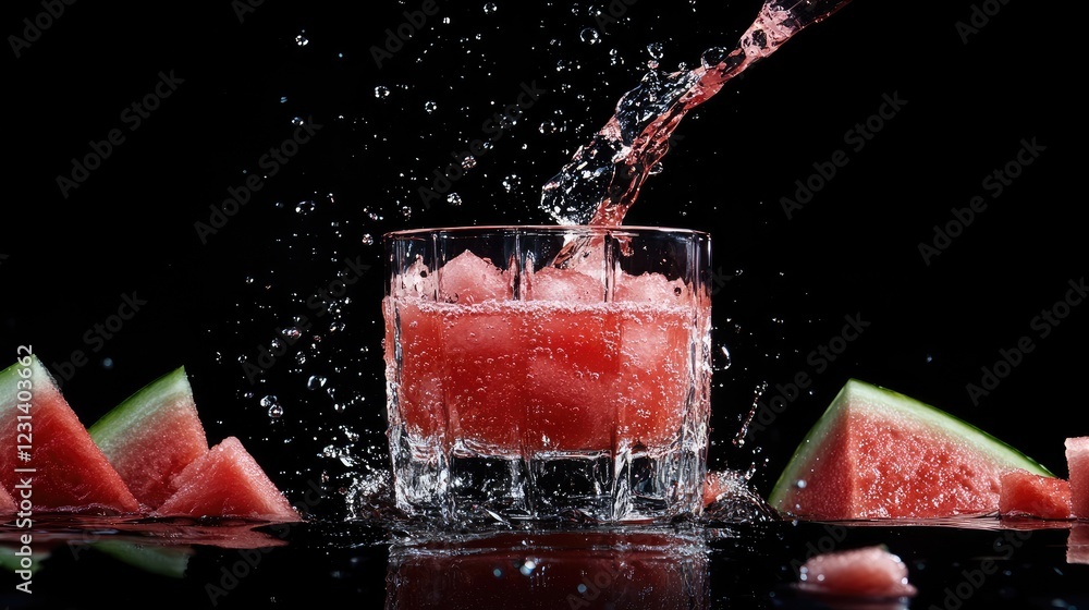 Poster a refreshing scene of watermelon juice being poured into a clear glass, set against a contrasting bl