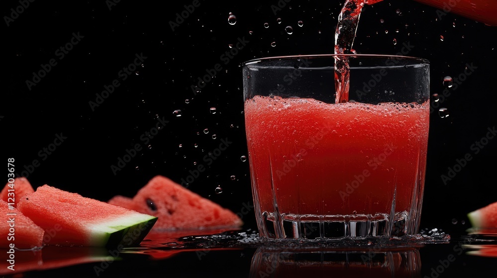 Poster a refreshing scene of watermelon juice being poured into a clear glass, set against a contrasting bl