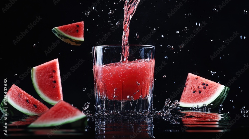 Poster a refreshing scene of watermelon juice being poured into a clear glass, set against a contrasting bl