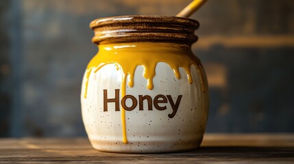 Honey dripping from a ceramic jar on a wooden table.